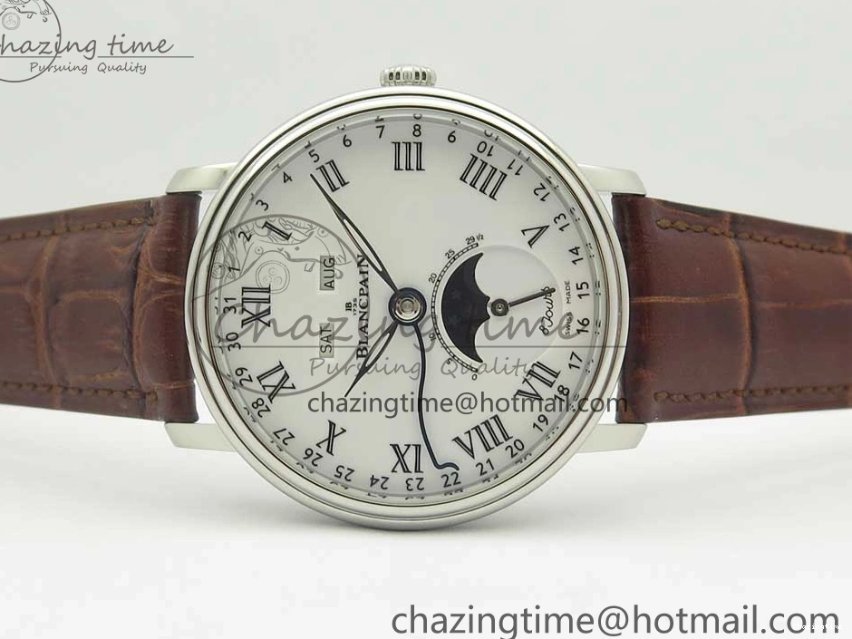 0712 Upgraded Villeret Quantième Complet 8 Jours SS Complicated Function OMF 1:1 Best Edition White Dial on Brown Leather Strap A 7983